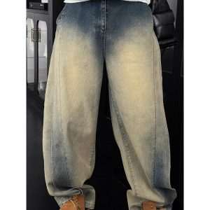 Vintage Yellow Water-Washed Wide-Leg Men's Jeans with Deconstructed Design - Retro American High Street Style for Spring