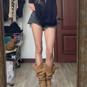 Vintage Yellow Western Cowboy Boots for Women, Chunky Heel Mid-Calf Design, 2023 Spring Autumn Style, British-Inspired Footwear