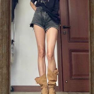 Vintage Yellow Western Cowboy Boots for Women, Chunky Heel Mid-Calf Design, 2023 Spring Autumn Style, British-Inspired Footwear