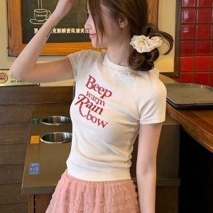 Waist-Cinching Women's T-Shirt with Unique Letter Print - Sweet and Spicy Style White Short Sleeve Top
