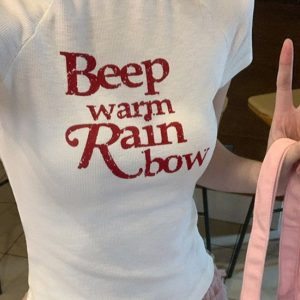 Waist-Cinching Women's T-Shirt with Unique Letter Print - Sweet and Spicy Style White Short Sleeve Top