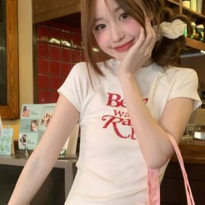 Waist-Cinching Women's T-Shirt with Unique Letter Print - Sweet and Spicy Style White Short Sleeve Top