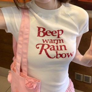 Waist-Cinching Women's T-Shirt with Unique Letter Print - Sweet and Spicy Style White Short Sleeve Top