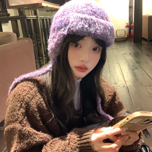 Warm and Cold-Resistant Women's Lei Feng Hat - Thickened Fleece-Lined Knitted Wool Ear Protection Hat for Winter Fashion