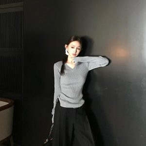 Warm and Soft Melody V-Neck Wool Sweater for Women - Long Sleeve Knitted Top for Spring and Winter, Cozy Lazy Style Fashion