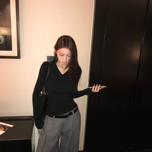 Warm and Soft Melody V-Neck Wool Sweater for Women - Long Sleeve Knitted Top for Spring and Winter, Cozy Lazy Style Fashion