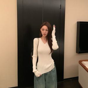 Warm and Soft Melody V-Neck Wool Sweater for Women - Long Sleeve Knitted Top for Spring and Winter, Cozy Lazy Style Fashion