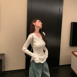 Warm and Soft Melody V-Neck Wool Sweater for Women - Long Sleeve Knitted Top for Spring and Winter, Cozy Lazy Style Fashion