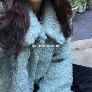 Warm Fluffy Coat in Fresh Mint Green with Large Lapel – Unique Versatile Winter Outerwear for a Cute Look