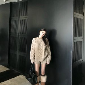 Warm Winter Fireplace Wool Cable Knit Round Neck Sweater Women's Pullover Outfit Set with Shorts - Cozy 90s Style Winter Fashion