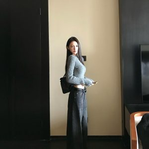 Washed Black Vintage Chic Wide-Leg Jeans for Women - Spring Winter Fashion, Y2K Style, Trendy Casual Denim