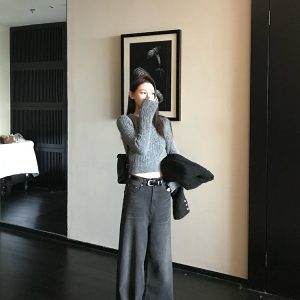 Washed Black Vintage Chic Wide-Leg Jeans for Women - Spring Winter Fashion, Y2K Style, Trendy Casual Denim