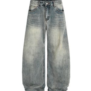 Washed Vintage Wide-Leg Denim Pants for Women - Trendy Baggy Machete Style Curved Blade Trousers, Y2K Inspired Fashion