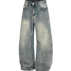 Washed Vintage Wide-Leg Denim Pants for Women - Trendy Baggy Machete Style Curved Blade Trousers, Y2K Inspired Fashion