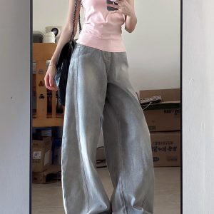 Water-Washed Gray Wide-Leg Jeans for Women - Vintage Loose Fit Flattering Straight-Leg Pants - Summer 90s Style