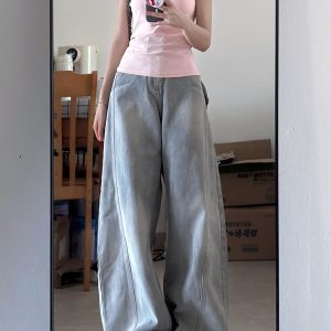 Water-Washed Gray Wide-Leg Jeans for Women - Vintage Loose Fit Flattering Straight-Leg Pants - Summer 90s Style