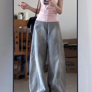 Water-Washed Gray Wide-Leg Jeans for Women - Vintage Loose Fit Flattering Straight-Leg Pants - Summer 90s Style