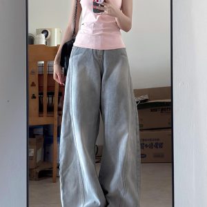 Water-Washed Gray Wide-Leg Jeans for Women - Vintage Loose Fit Flattering Straight-Leg Pants - Summer 90s Style