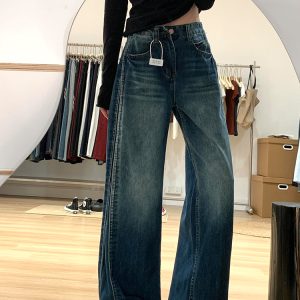 Water-Washed Patchwork Wide-Leg Jeans for Women - Summer Retro High-Waisted Loose Straight-Leg Pants