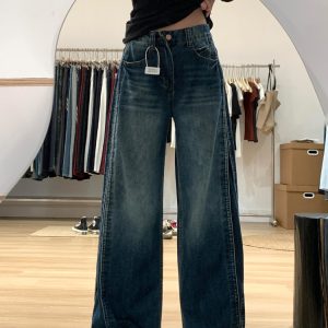 Water-Washed Patchwork Wide-Leg Jeans for Women - Summer Retro High-Waisted Loose Straight-Leg Pants