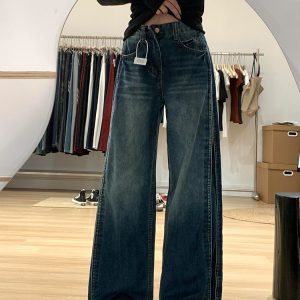 Water-Washed Patchwork Wide-Leg Jeans for Women - Summer Retro High-Waisted Loose Straight-Leg Pants
