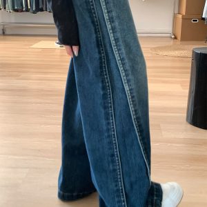Water-Washed Patchwork Wide-Leg Jeans for Women - Summer Retro High-Waisted Loose Straight-Leg Pants