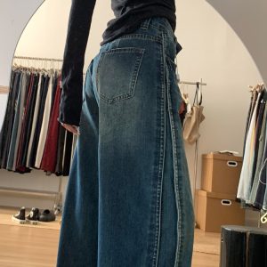 Water-Washed Patchwork Wide-Leg Jeans for Women - Summer Retro High-Waisted Loose Straight-Leg Pants