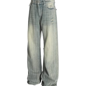 Water-Washed Vertical Striped Textured Loose High Street Straight Leg Jeans - Vintage American Style, Casual Fashion Essential