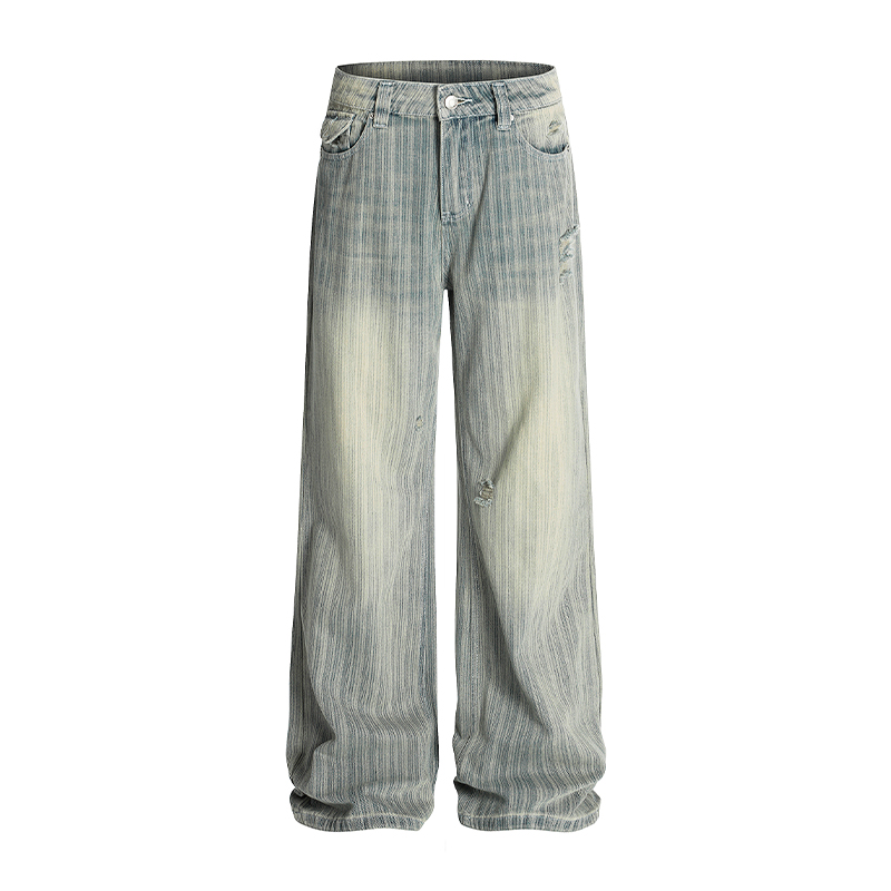 Water-Washed Vertical Striped Textured Loose High Street Straight Leg Jeans - Vintage American Style, Casual Fashion Essential