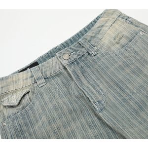 Water-Washed Vertical Striped Textured Loose High Street Straight Leg Jeans - Vintage American Style, Casual Fashion Essential