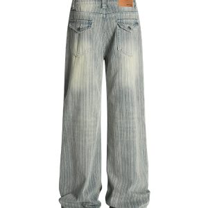 Water-Washed Vertical Striped Textured Loose High Street Straight Leg Jeans - Vintage American Style, Casual Fashion Essential