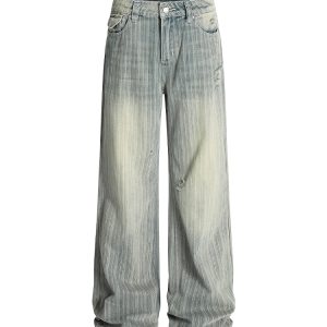 Water-Washed Vertical Striped Textured Loose High Street Straight Leg Jeans - Vintage American Style, Casual Fashion Essential