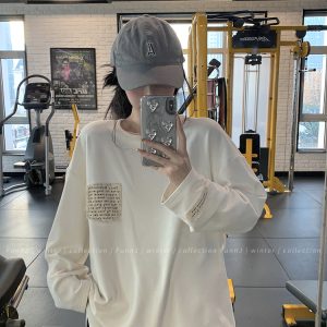 White Brushed Long Sleeve T-Shirt for Women - Versatile Casual Base Layer Top, Perfect for 90s and Y2K Style Outfits
