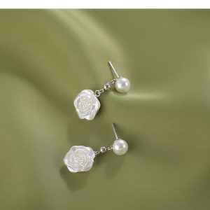 White Camellia Pearl Stud Earrings for Women, S925 Silver, Light Luxury Floral Design, 2025 Trendy Accessories