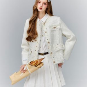 White Chanel-Style Tweed Jacket with Colorful Dots - Small Spring/Summer Fashion Set
