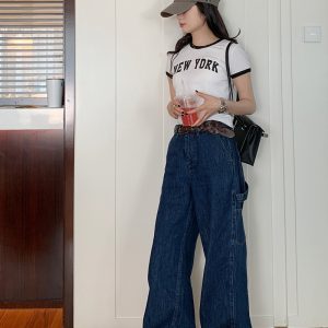 White Color-Block Short Sleeve T-Shirt for Women, Slim Fit Round Neck, Casual 90s Style Top