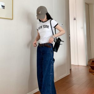White Color-Block Short Sleeve T-Shirt for Women, Slim Fit Round Neck, Casual 90s Style Top