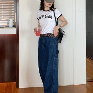 White Color-Block Short Sleeve T-Shirt for Women, Slim Fit Round Neck, Casual 90s Style Top