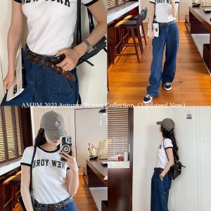 White Color-Block Short Sleeve T-Shirt for Women, Slim Fit Round Neck, Casual 90s Style Top