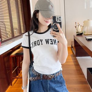 White Color-Block Short Sleeve T-Shirt for Women, Slim Fit Round Neck, Casual 90s Style Top