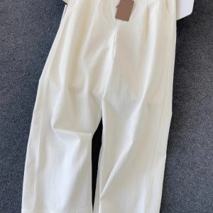 White Color-Blocking High-Waisted Straight-Leg Pants for Women - Lightweight, Breathable, Versatile Summer 2025 Casual Long Trousers
