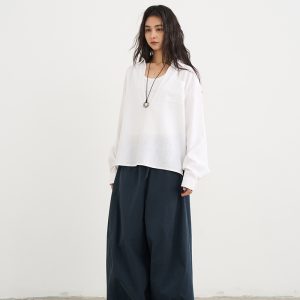 White Deep V-Neck Linen Shirt Cover-Up for Women - Loose Fit Spring Summer Top - Casual Fashion Essential