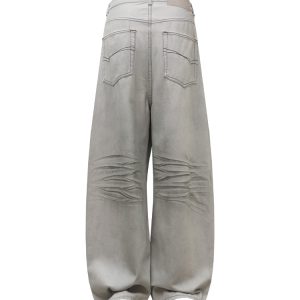 White Denim Pleated Wide-Leg Jeans with Distressed Cat Whiskers and Scratches - Trendy Baggy Style for 90s and Y2K Fashion