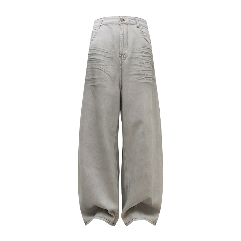 White Denim Pleated Wide-Leg Jeans with Distressed Cat Whiskers and Scratches - Trendy Baggy Style for 90s and Y2K Fashion
