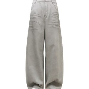 White Denim Pleated Wide-Leg Jeans with Distressed Cat Whiskers and Scratches - Trendy Baggy Style for 90s and Y2K Fashion