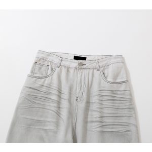 White Denim Pleated Wide-Leg Jeans with Distressed Cat Whiskers and Scratches - Trendy Baggy Style for 90s and Y2K Fashion