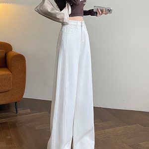 White Fleece-Lined Women's High-Waisted Wide-Leg Jeans - Winter 2024 Patchwork Casual Floor-Length Pants