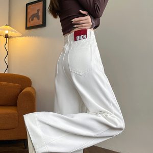 White Fleece-Lined Women's High-Waisted Wide-Leg Jeans - Winter 2024 Patchwork Casual Floor-Length Pants