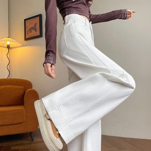 White Fleece-Lined Women's High-Waisted Wide-Leg Jeans - Winter 2024 Patchwork Casual Floor-Length Pants