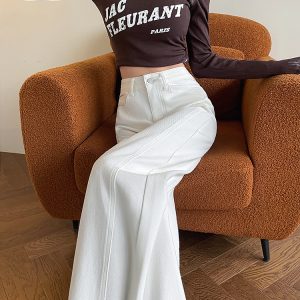 White Fleece-Lined Women's High-Waisted Wide-Leg Jeans - Winter 2024 Patchwork Casual Floor-Length Pants